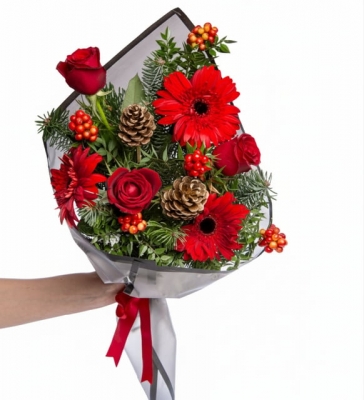 Kırmızı Gül & Kırmızı Gerbera ve Kokina Buketi